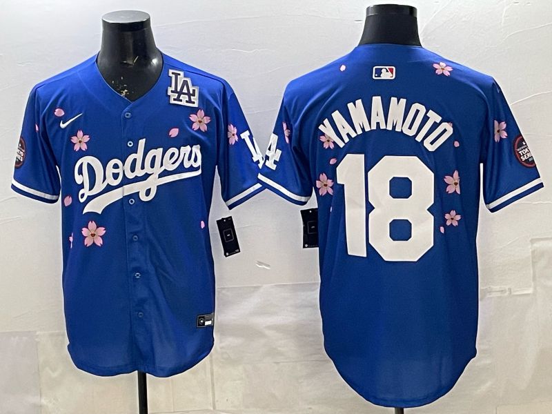 Men 2025 Los Angeles Dodgers #18 Yamamoto Blue Sakura Edition Nike MLB Jersey style 0011->los angeles dodgers->MLB Jersey